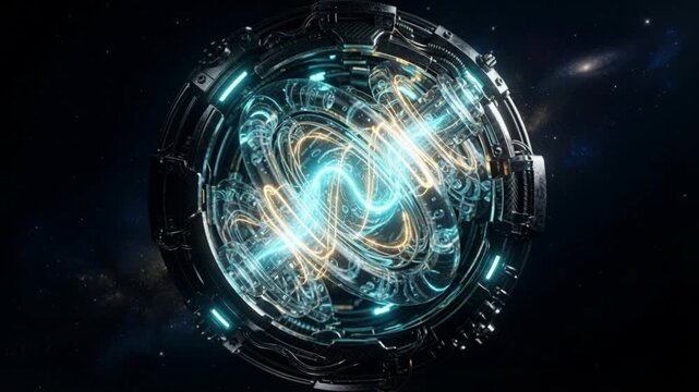 Futuristic quantum reactor sphere spinning in deep space.