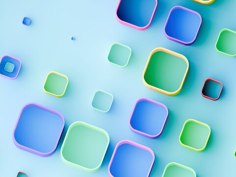 Colorful Geometric Shapes Floating on Light Blue Background