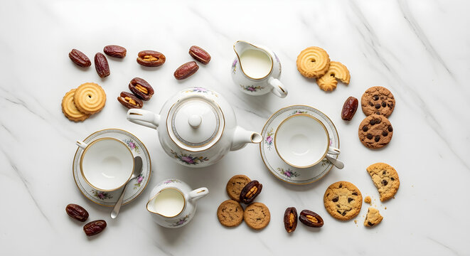 Elegant tea set with cookies and dates on white marble table - top view