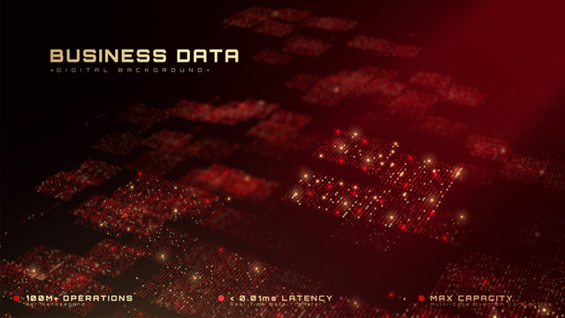 Glowing Red Light And Gold Dot Particle Grid Line Flow Graphic Design For Smart Business Data Wealth Growth Success Presenting Future Global Cyber Market Premium Data.