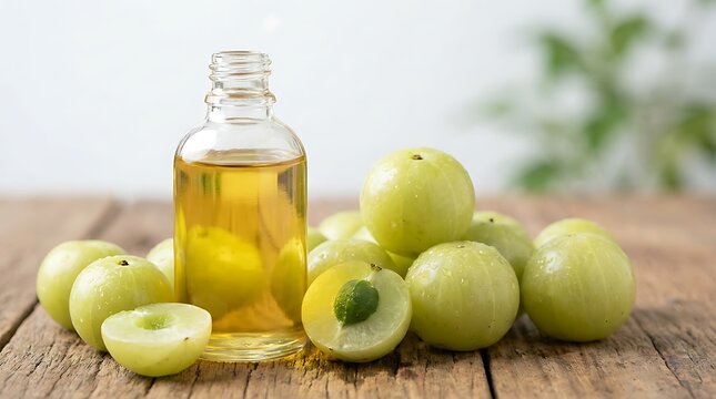 Bottle of fresh amla oil with green gooseberry fruits on a rustic wooden table for healthy wellness. amla oil