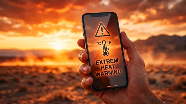 Phone displays extreme heat warning during desert sunset