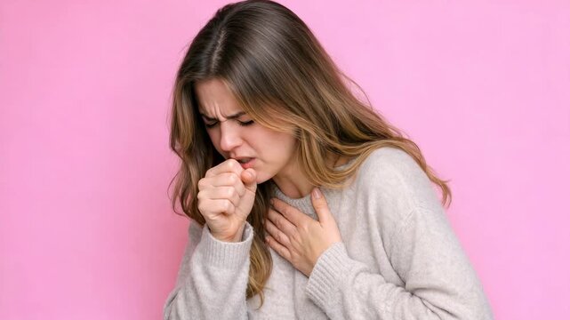A woman in distress holding her chest while coughing.