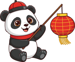 Cute panda bear character holding a chinese red lantern with celebration © FatemaStock