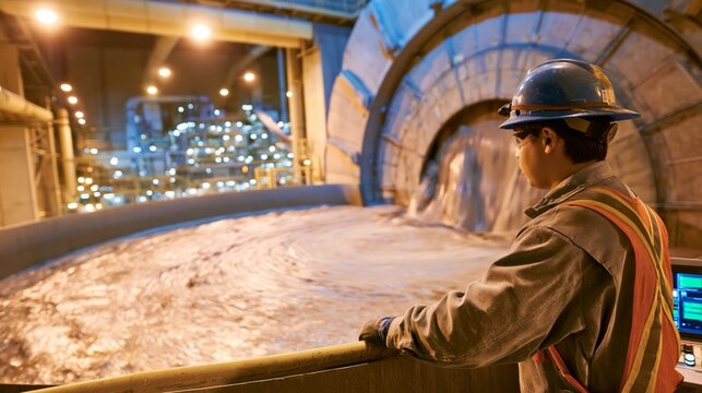 Paper mill worker monitoring wood pulp through a pulping digester. Concept of paper pulp production.