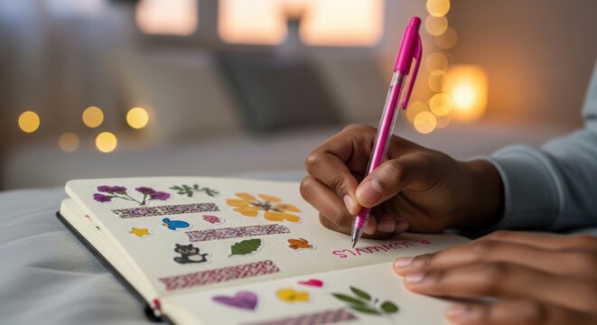 Creative journaling with colorful stickers and writing, capturing artistic expression in cozy environment. Journaling includes vibrant decor and personal notes for thoughtful reflection.