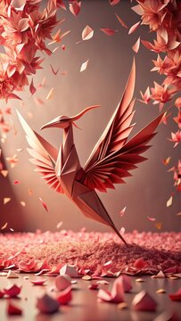 A delicate, crimson origami crane unfurls its wings amidst a whimsical scattering of paper petals in shades of rose and blush