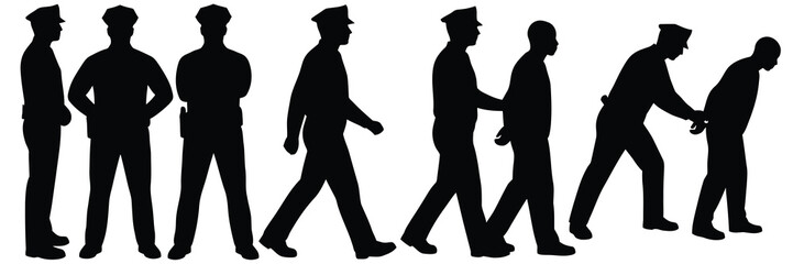 Fototapeta premium Collection of police officer silhouettes including arrest and patrol scenarios isolated on white for law enforcement and criminal justice graphic projects.