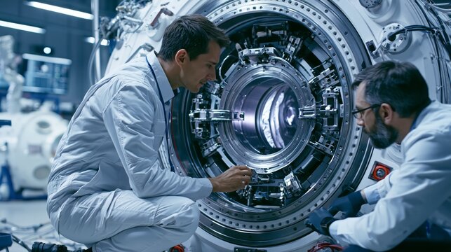 Aerospace engineers testing a spacecraft docking ring mechanism at a test facility. Concept of spacecraft docking assembly.