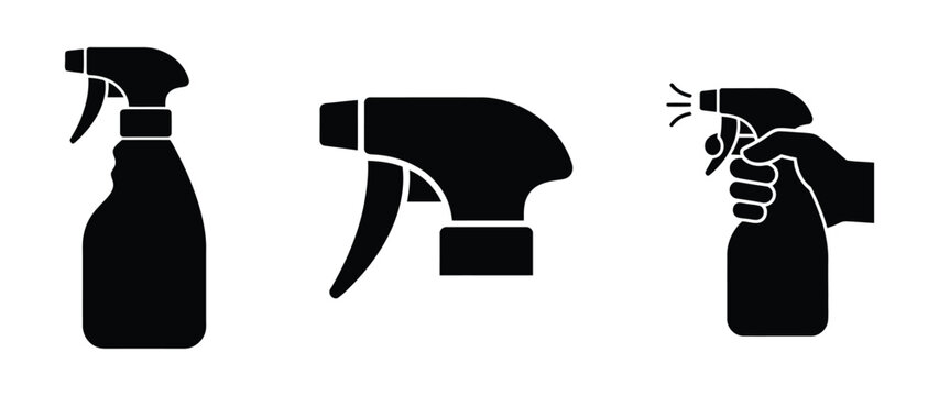 Spray bottle cleaning icon set in black glyph style. Great for household and sanitation product designs.