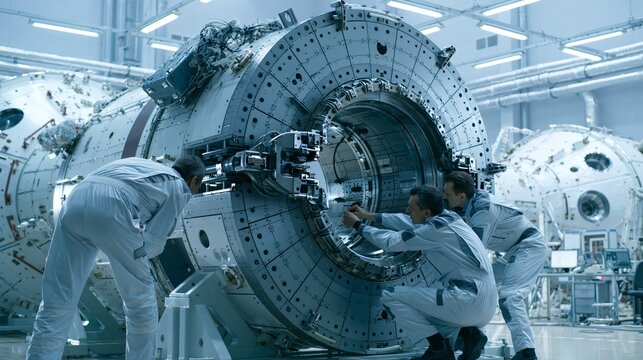 Aerospace engineers testing a spacecraft docking ring mechanism at a test facility. Concept of spacecraft docking assembly.