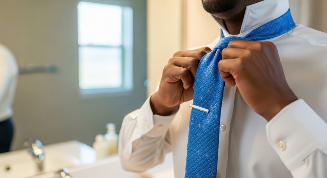 Man tying blue tie in front of mirror, preparing for event, adjusting collar and ensuring perfect style. Sophisticated tie-wearing moment enhances formal appearance for special occasions.