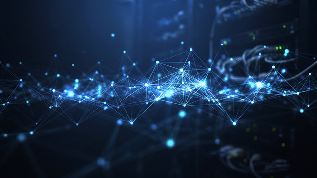 Abstract digital network background with glowing blue and orange connection lines and dots. Concept for 5G technology, big data, cloud computing, global communication, and cyber security systems.