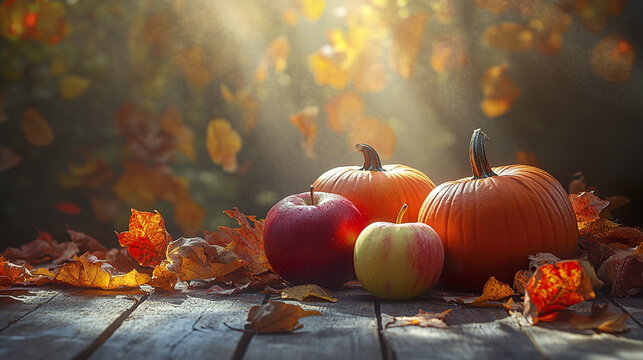 Vintage inspired still life with pumpkins and apples surrounded by autumn leaves in warm light