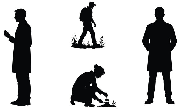 Professional silhouettes of scientists and researchers in lab coats, performing field work, soil sampling, and walking in natural outdoor environments.