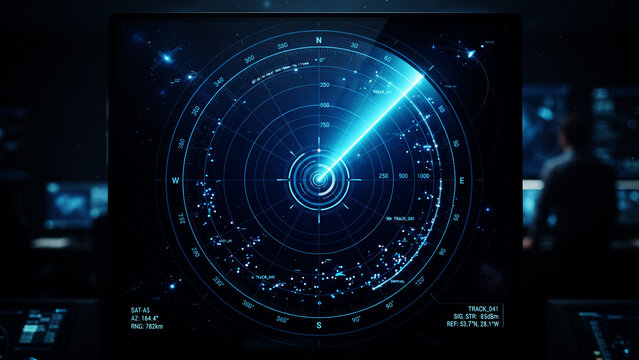 Futuristic digital radar interface data detection and monitoring technology. Blue scanning beam over grid display represents cybersecurity, surveillance systems, advanced digital tracking concepts.