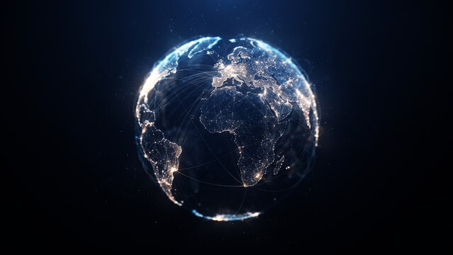 Global Data Network Concept. Showing Earth Connected by Glowing Data Lines and Nodes, Representing Worldwide Communication, Big Data Exchange, Cloud Computing, and Advanced Technology Infrastructure.