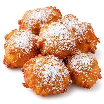 Calas rice fritters  New Orleans rice fritters dusted with powdered sugar  crispy golden surface  isolated