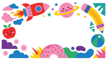 Cartoon rocket ship, happy planet and red apple on colorful space background.