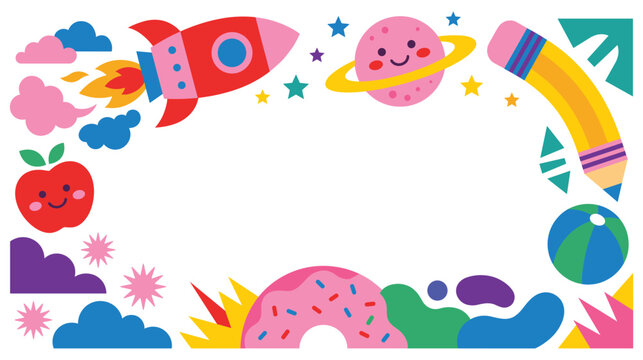 Cartoon rocket ship, happy planet and red apple on colorful space background.