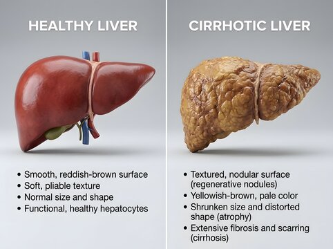 Healthy versus cirrhotic liver anatomy comparative medical illustration