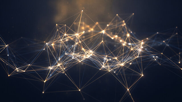 Abstract digital network background with glowing blue and orange connection lines and dots. Concept for 5G technology, big data, cloud computing, global communication, and cyber security systems.