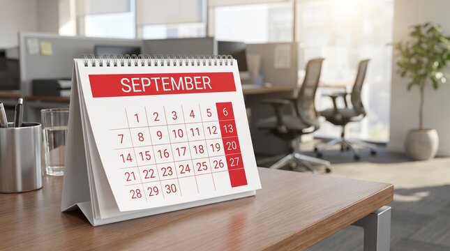 A sleek desk calendar showcasing the month of September 2026, perfect for office decor or personal organization, featuring a contemporary aesthetic that enhances any workspace.