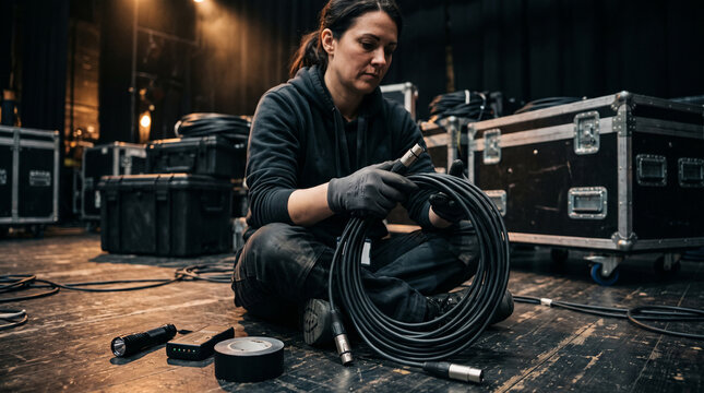 Behind the scenes stage crew technician coiling professional XLR audio cables on a theater stage floor among flight cases.