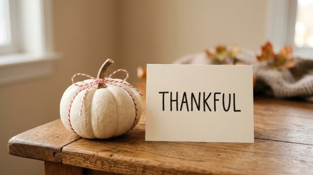 Rustic thanksgiving still life with white pumpkin and thankful card