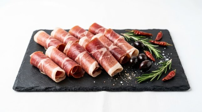 Rolled prosciutto ham slices on a black slate board with olives, rosemary, and chili peppers