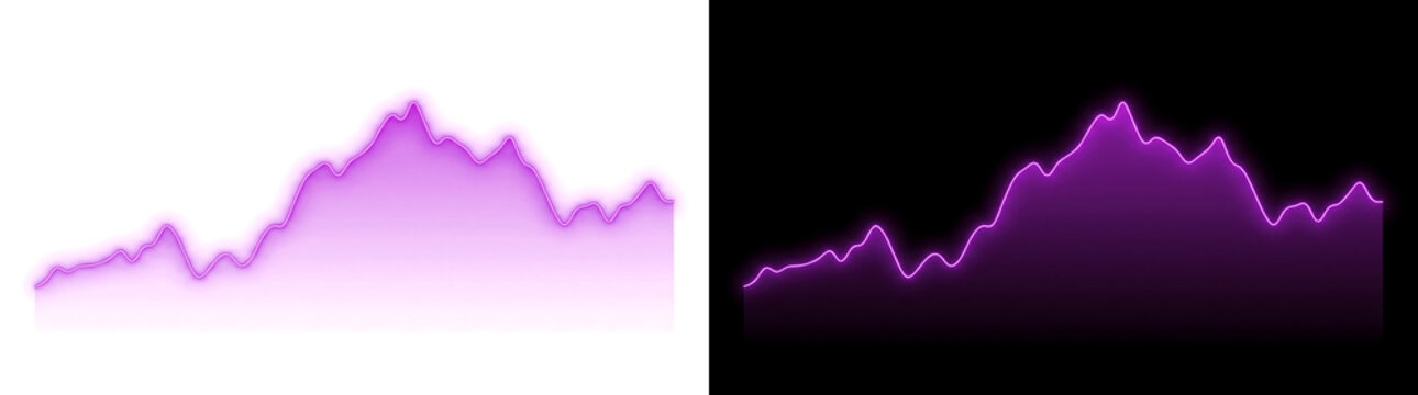 Purple glowing area chart displays rising growth graph with neon mountain peak trend line featuring PNG, Transparent and Black Background Versions for design