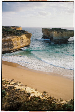 Sea stack in the ocean along the Great Ocean Road, shot on film 