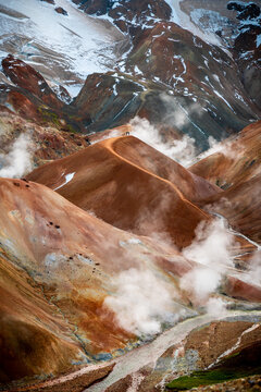 Two hikers on ridge at Kerlingarfj&ouml;ll geothermal area, Iceland