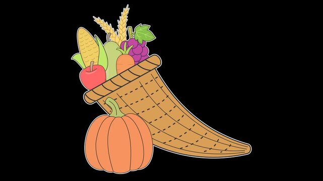 Seamless looping animation of a swaying cornucopia basket filled with autumn harvest fruits and vegetables. Flat style sticker design element isolated on transparent alpha channel background