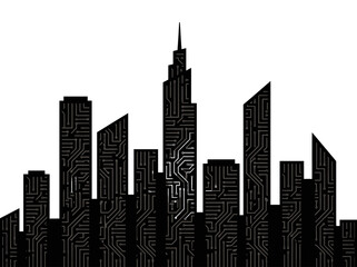 Fototapeta premium City skyline silhouette with circuit board pattern, digital technology cityscape concept, futuristic smart city skyscrapers, black vector illustration on white background