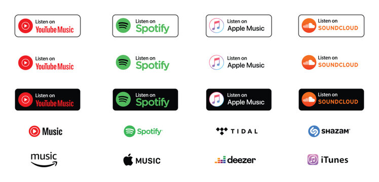 Music streaming service logos and brand identity icons with streaming, platform