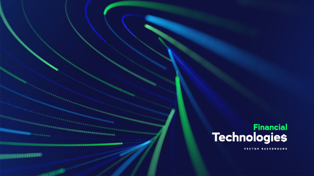 Financial Technology Abstract Background With Glowing Data Flow And Neon Particle Lines. Modern FinTech Network For Digital Innovation. Financial Technologies. Vector Illustration.