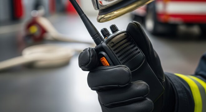 Firefighter communication device in hand with gloves, demonstrating readiness for action and emergency response.