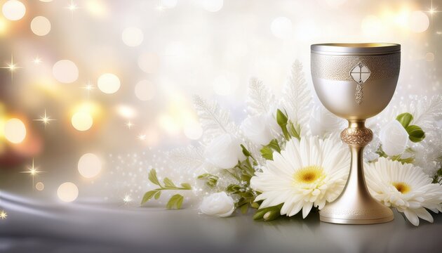 Fondo Para Invitacion Digital De Primera Comunion Con Caliz Como Ornamento Y Flores Elegantes En Tono Blanco Diseno Con Luces Y Destellos Sobrios Y Sofisticados
