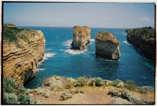 Ocean inlet with two limestones along Great Ocean Road in Australia