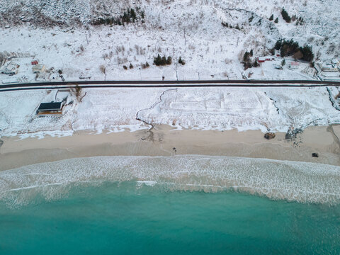 Aerial view of beach on Lofoten islands in winter