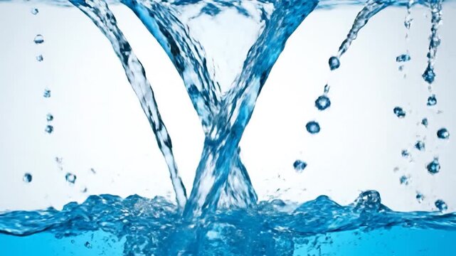 Crystal clear blue water streams splashing on a white background
