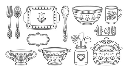 Kitchenware line art collection featuring floral patterns and folk style utensils vectors. © KALPANA AKTER