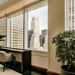Obraz premium Office window overlooking a city skyline interior view with natural light and potted plant architecture