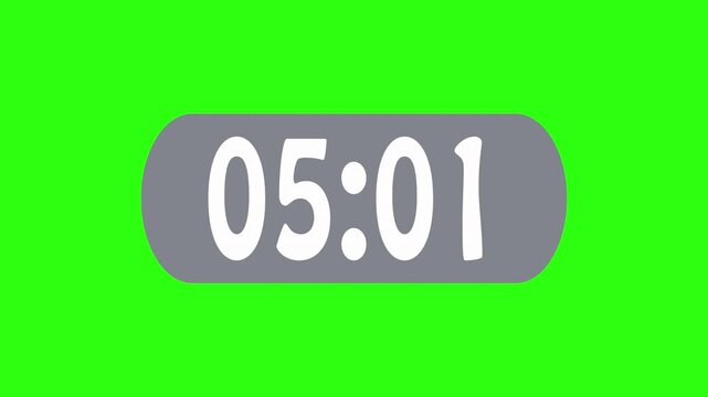 Digital timer counting up from zero to sixty minutes on a green screen background for easy chroma keying and alpha channel transparency for video editing
