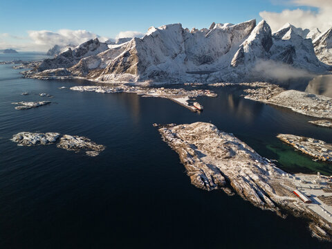 Aerial view of islands and villages on Lofotens in winter 