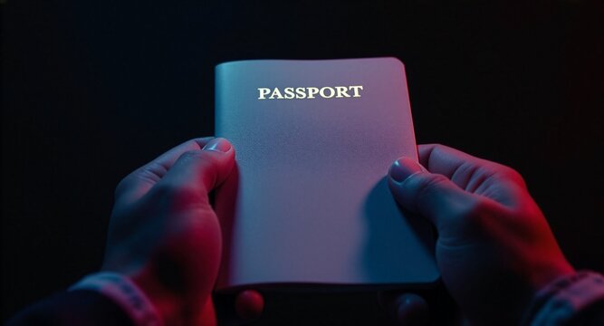 Close up of human hands holding a generic passport under dramatic red and blue cinematic lighting against a dark background, concept of travel identity and immigration