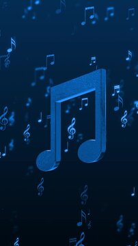 3d music note and shiny glittering blue notas animation,song, melody and concert stream vertical social media motion background