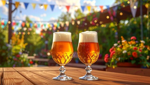 Two Chilled Glasses of Refreshing Golden Beer Placed on a Rustic Wooden Table at a Sunny Outdoor Garden Festival Celebration with Festive Bunting