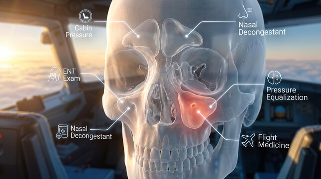Cabin pressure sinus nasal aviation airplane barotrauma pressure equalization decongestant flight medicine ent exam illustrated medical concept of sinus pain during air travel with skull xray